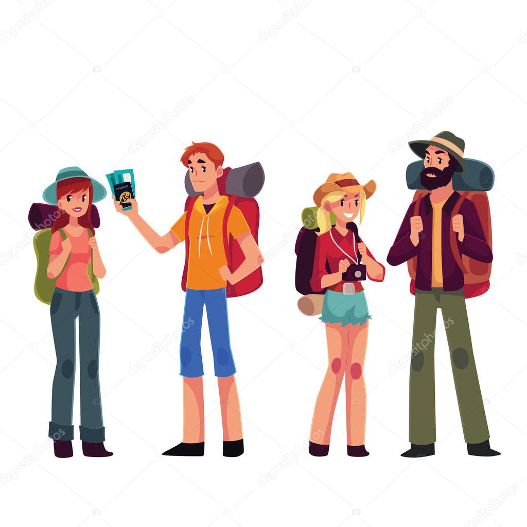 Set of young male and female travelers with backpacks