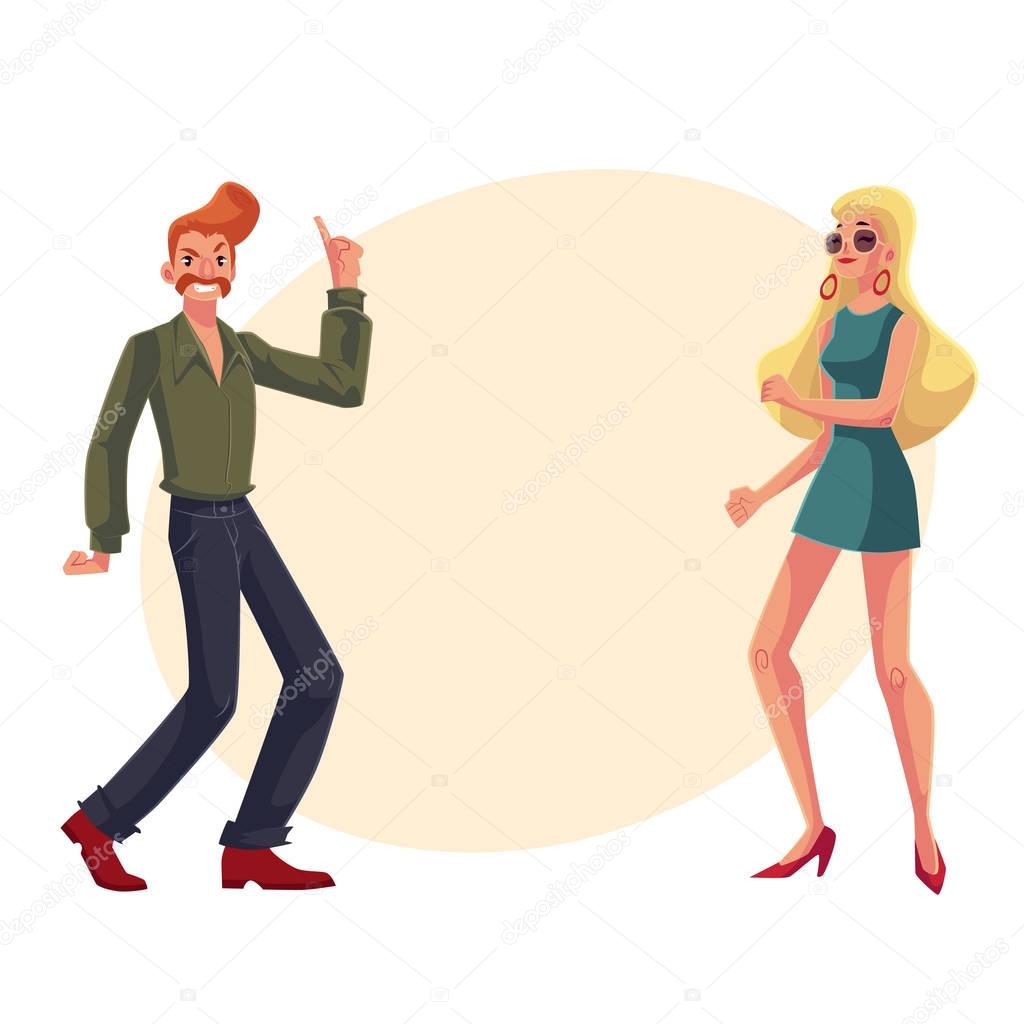 Red haired man, blond woman 1970s style clothes dancing disco