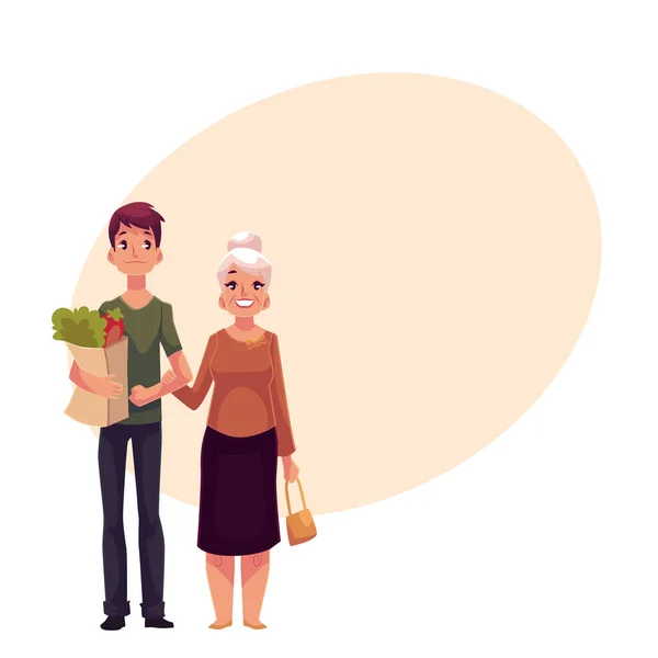 Молодий чоловік допомагає бабусі з покупками — стоковий вектор