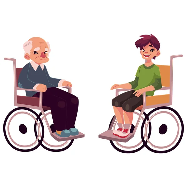 Vieil homme et adolescent assis en fauteuil roulant — Image vectorielle