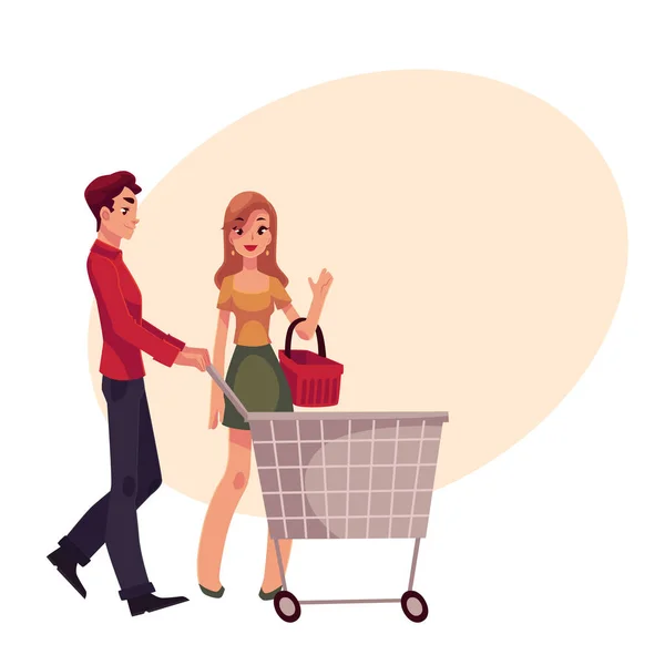 Homem empurrando carrinho de compras e mulher segurando cesta — Vetor de Stock