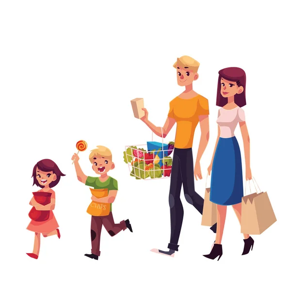 Famille de père, mère, fille et fils faisant du shopping ensemble — Image vectorielle