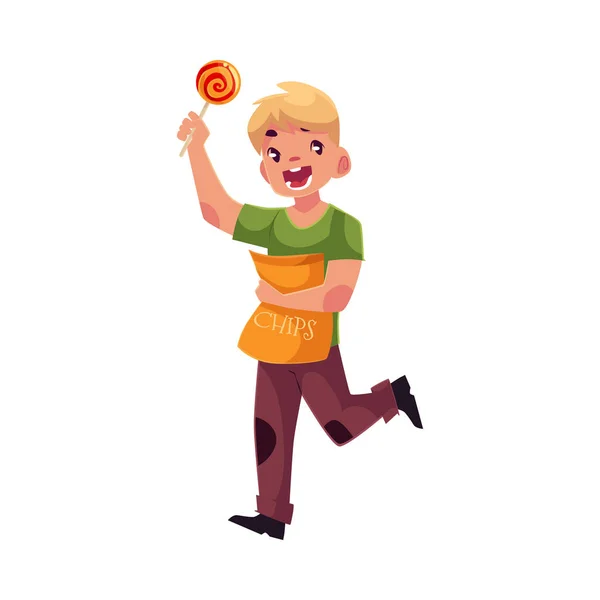 Маленький блондин бежит с пачкой чипсов и леденцом в руках — стоковый вектор