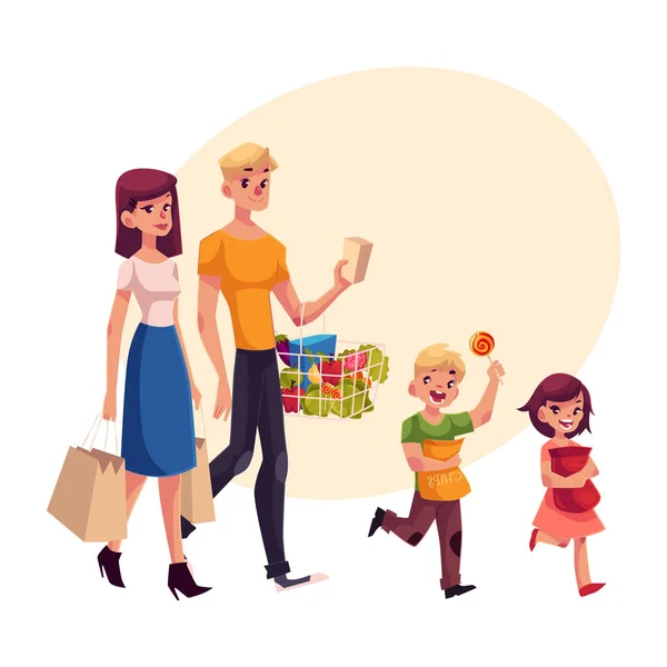Família de pai, mãe, filha e filho fazendo compras juntos — Vetor de Stock