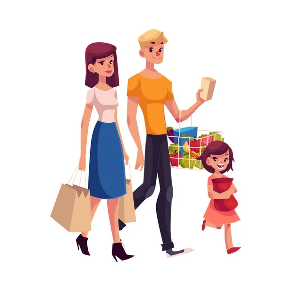 Família de pai, mãe, filha fazendo compras juntos — Vetor de Stock