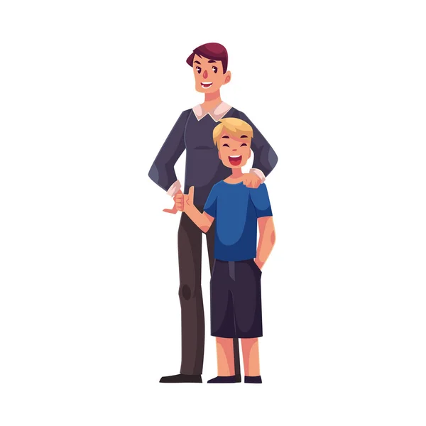 充分长的幸福的父亲和儿子站在一起的画像 — 图库矢量图片