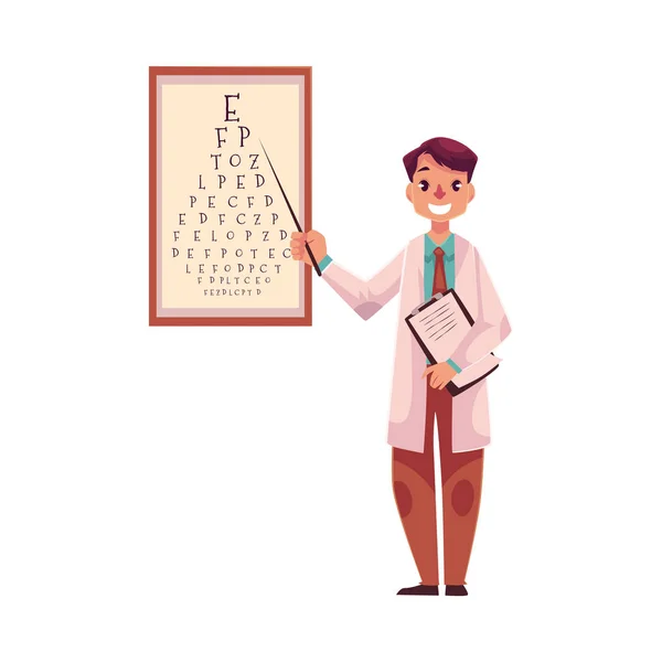 Médico optometrista señalando una carta en la carta de examen ocular — Archivo Imágenes Vectoriales