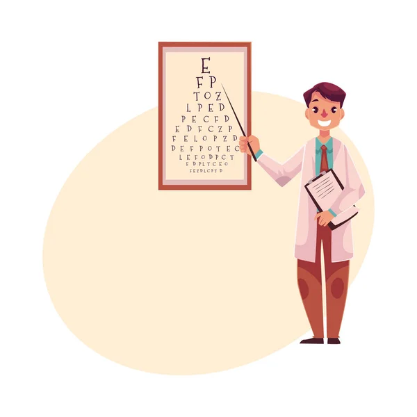 Dokter Optometrist menunjuk ke surat pada grafik pemeriksaan mata - Stok Vektor