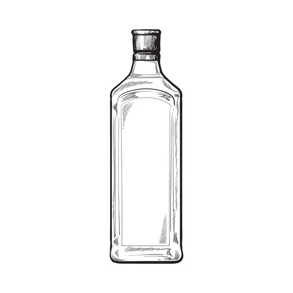Traditionella omärkt, oöppnade blå gin glasflaska, skiss vektorillustration — Stock vektor