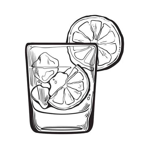 Szkło, gin, wódka, woda sodowa z lodem i cytryna — Wektor stockowy