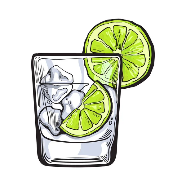 Vaso de ginebra, vodka, agua de soda con hielo y cal — Vector de stock