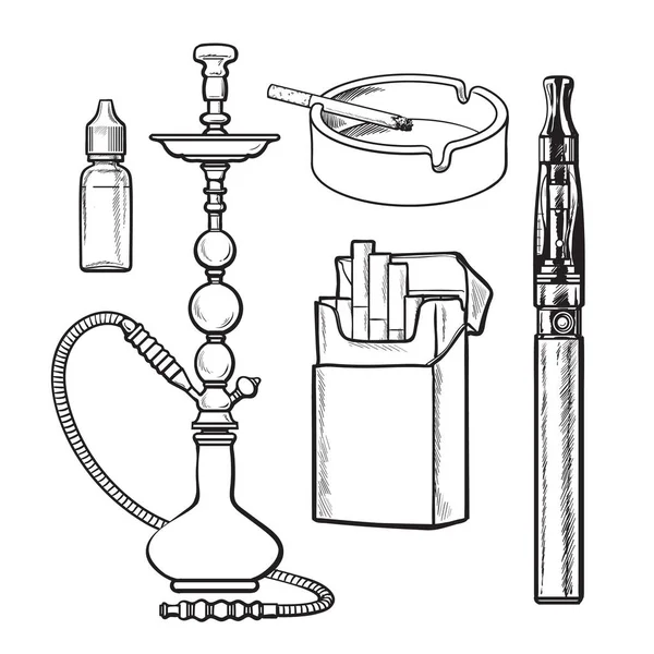 Hookah, pack, ashtray, electronic cigarette and tobacco e-liquid — Stock Vector