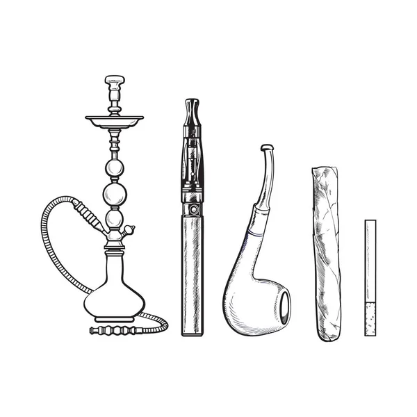 Set aksesoris merokok - hookah, rokok, cerutu dan pipa - Stok Vektor