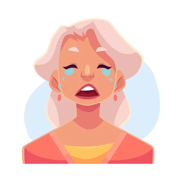 Mujer vieja de pelo gris, llorando expresión facial — Vector de stock