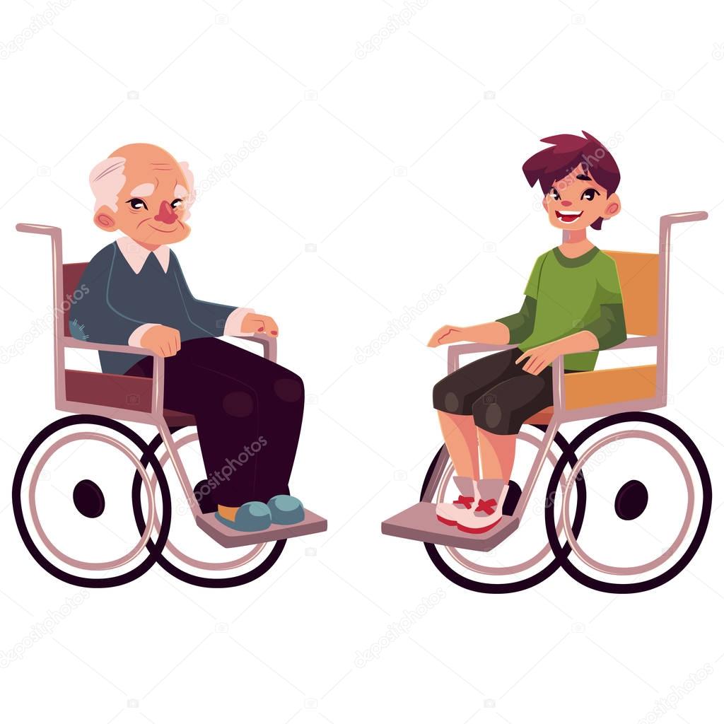 Old man and teenaged boy sitting in wheelchairs