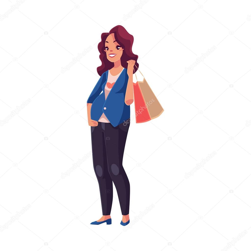 Half turned young pregnant woman holding shopping bag on shoulder