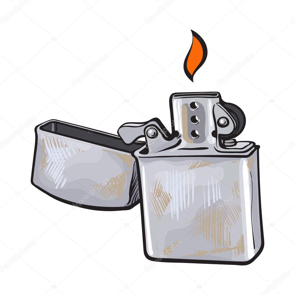 Silver metal windproof lighter with flame, sketch vector illustration