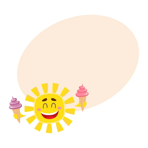 Sonriente, sol feliz celebración de helado, ilustración vectorial de dibujos animados aislados — Archivo Imágenes Vectoriales