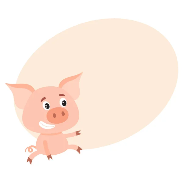 Funny little pig sitting awkwardly and pointing to something — Stock Vector