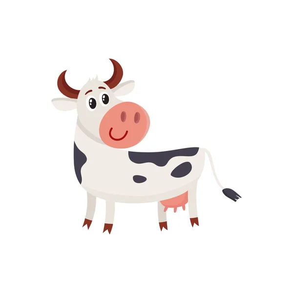 Смішна чорно-біла плямиста корова стоїть і озирається назад — стоковий вектор