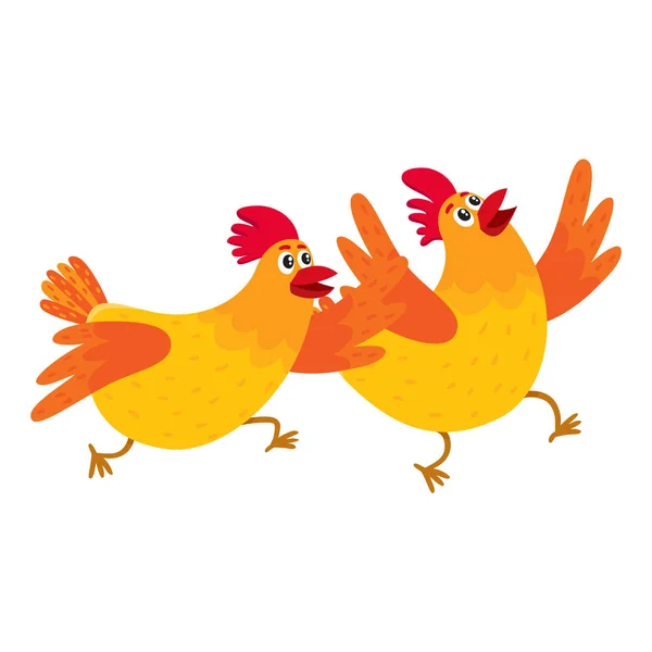 Two funny cartoon orange chickens, hens rushing, hurrying somewhere — Stock Vector