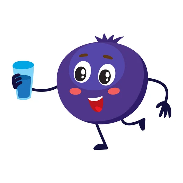 Lindo y divertido personaje de arándano de estilo cómico sosteniendo un vaso — Vector de stock