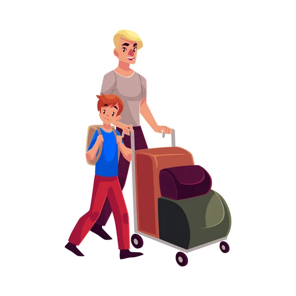 Young man pushing luggage trolley with his daughter holding camera — Stock Vector