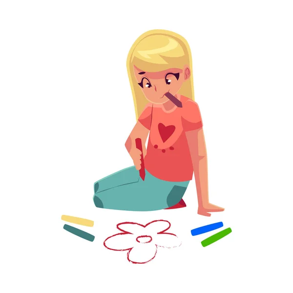 Девочка сидит на полу и рисует цветки карандашами. — стоковый вектор