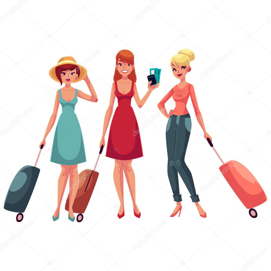 hree girls, in dress and jeans, travelling together with suitcases