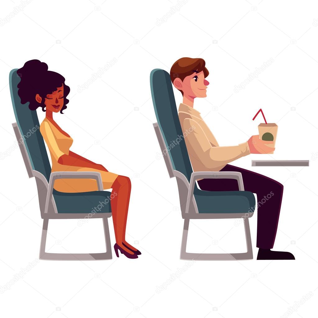 Airplane passengers - black, african woman and man drinking coffee