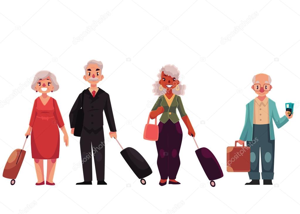 Set of old, grey haired, senior travelers with luggage, suitcases