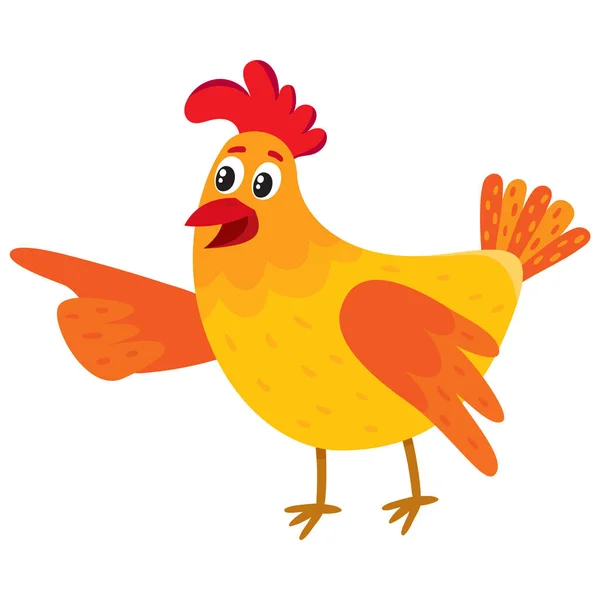 面白い漫画鶏、鶏の羽が何かを指しています。 — ストックベクタ