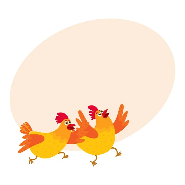 Dos divertidos pollos anaranjados de dibujos animados, gallinas corriendo, apresurándose en algún lugar — Archivo Imágenes Vectoriales