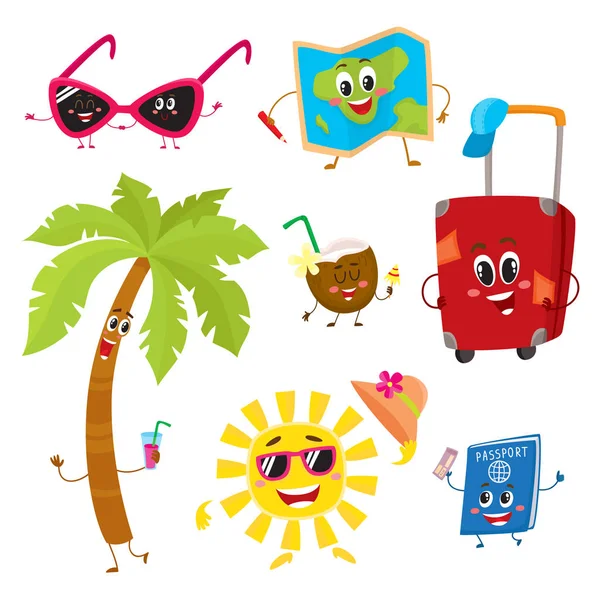 Atributos de vacaciones de verano, viajar a los trópicos como personajes divertidos — Vector de stock