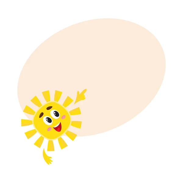 Ilustracja wektorowa uśmiecha się słońce, wskazując na coś z jego palec, — Wektor stockowy
