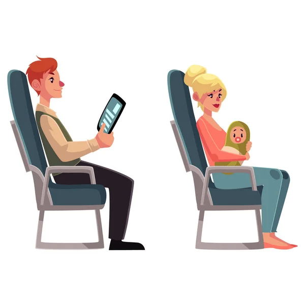 Airplane passengers - woman with baby and man reading tablet — Stock Vector