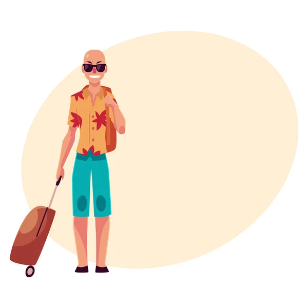 Jeune homme chauve en lunettes de soleil et chemise havaii avec valise — Image vectorielle