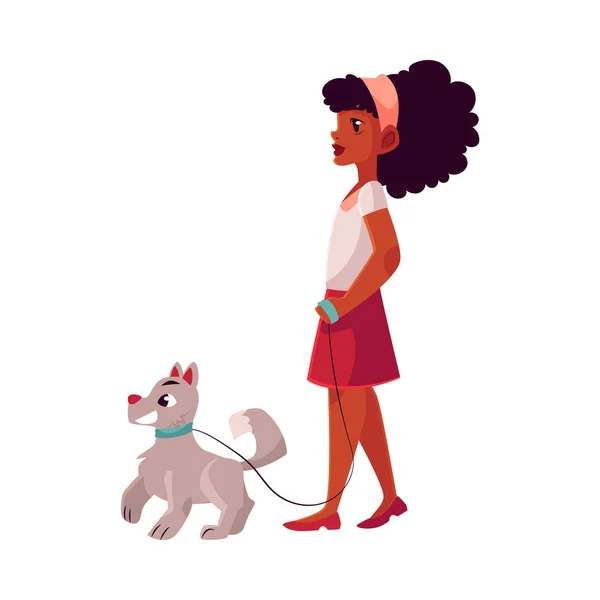 黑色，非洲裔美国女孩和狗走在松皮带 — 图库矢量图片