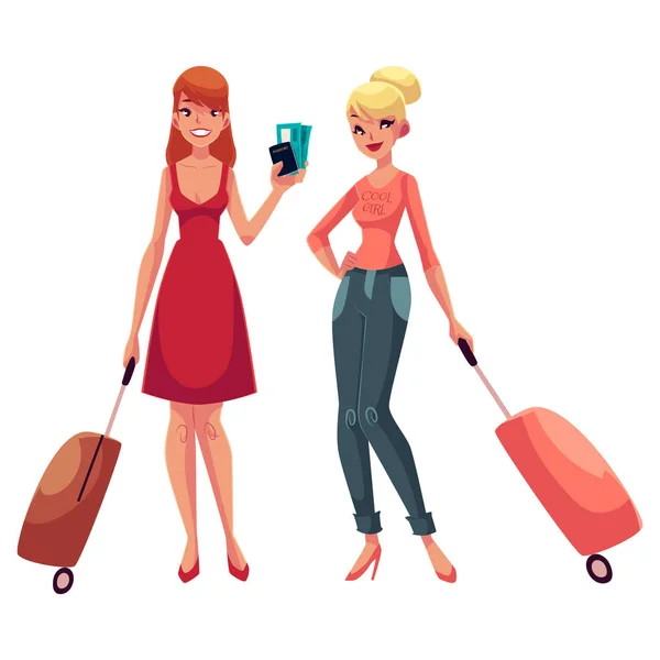 Duas meninas, de vestido e jeans, viajando junto com malas —  Vetores de Stock