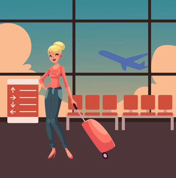 Mujer rubia bonita en jeans y tacones viajando con maleta — Vector de stock