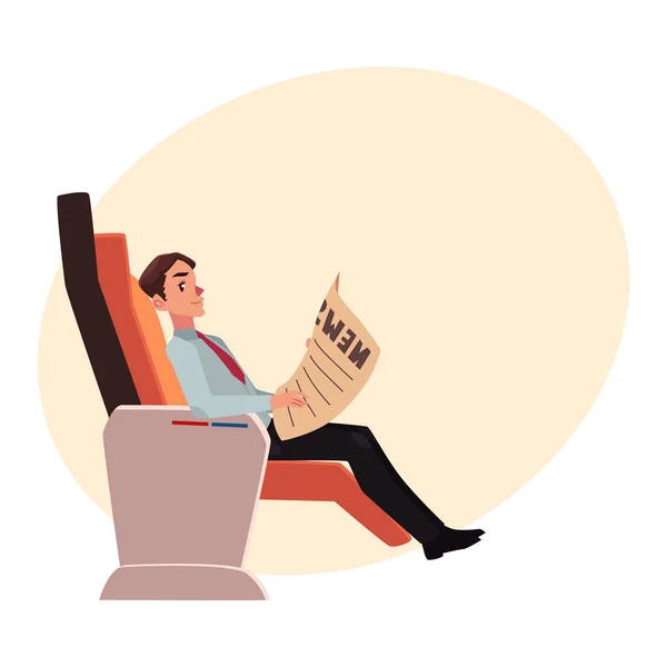 ビジネスマンがビジネス クラスの飛行機の座席で新聞を読む — ストックベクタ