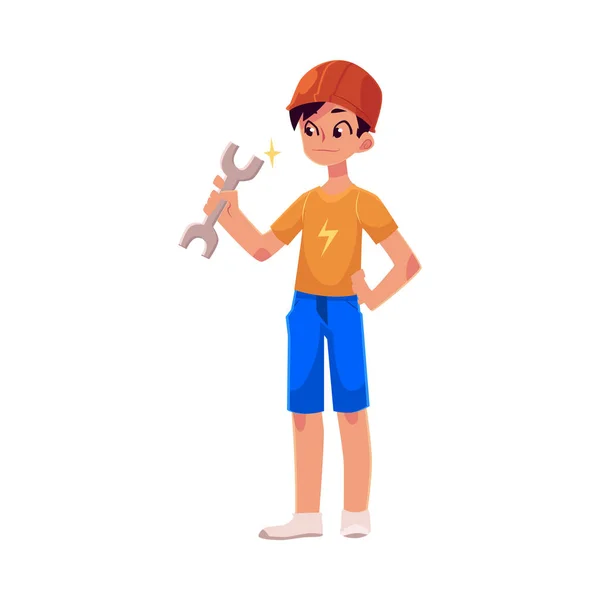 Bir İngiliz anahtarı tutan turuncu Oluşturucusu kask içinde genç çocuk — Stok Vektör