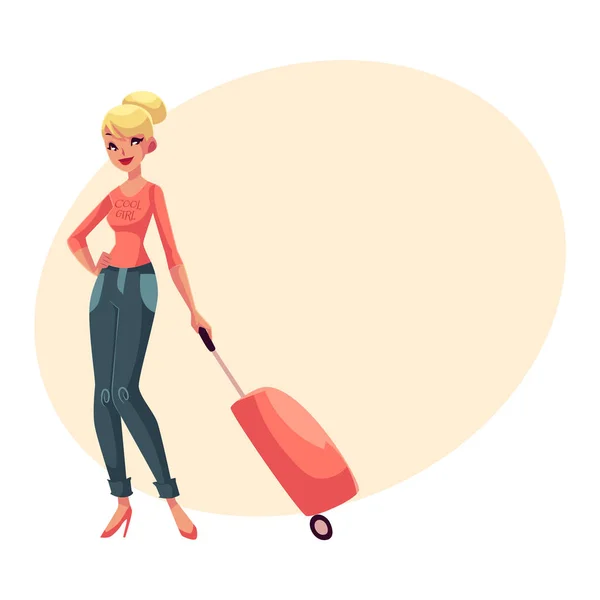 漂亮的金发女人穿着牛仔裤和高跟鞋带手提箱旅行 — 图库矢量图片
