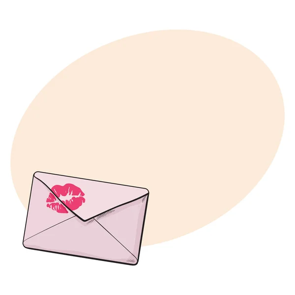 Backside of pink envelope with red lipstick kiss, love letter — Stock Vector