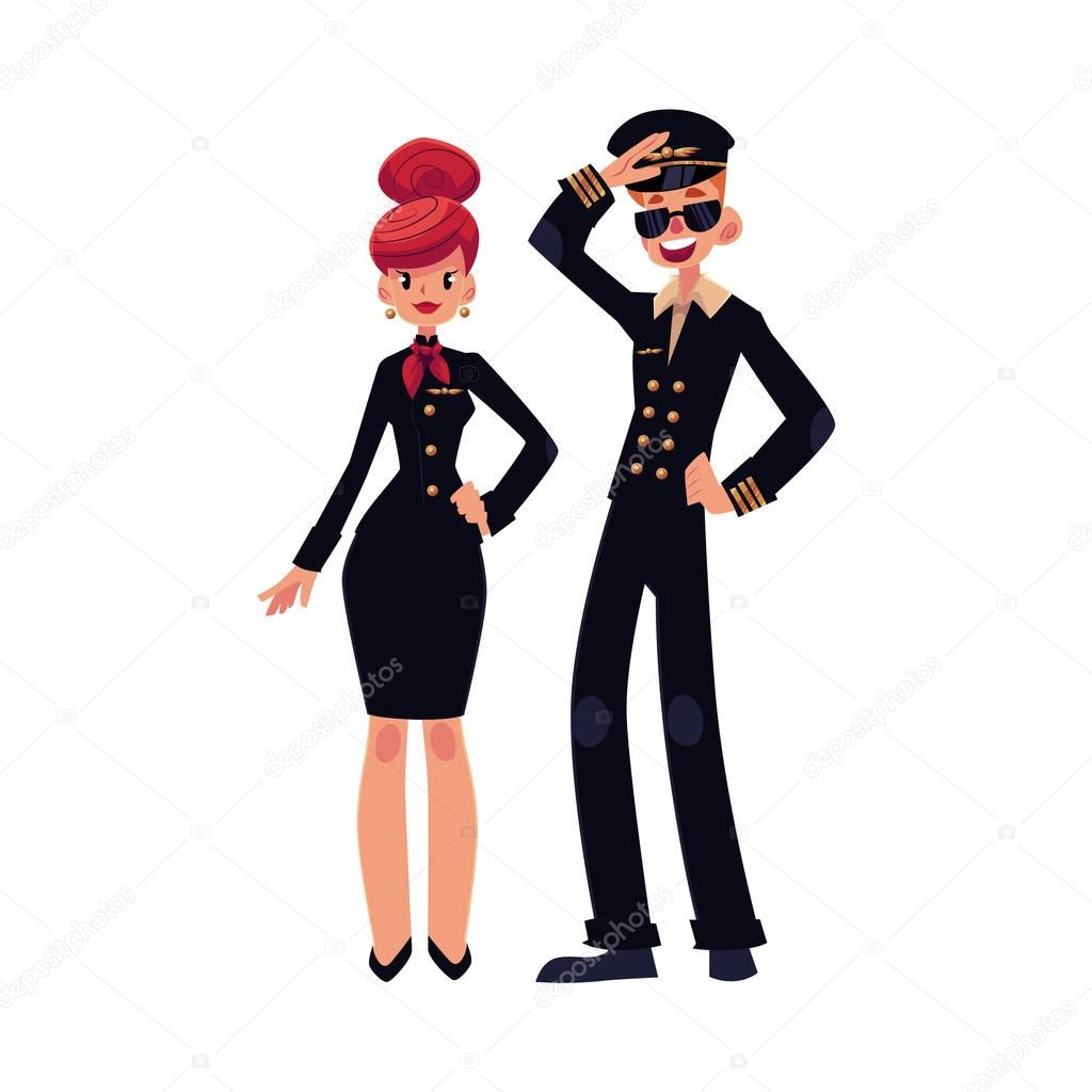Young civil airline pilot and stewardess in black uniform