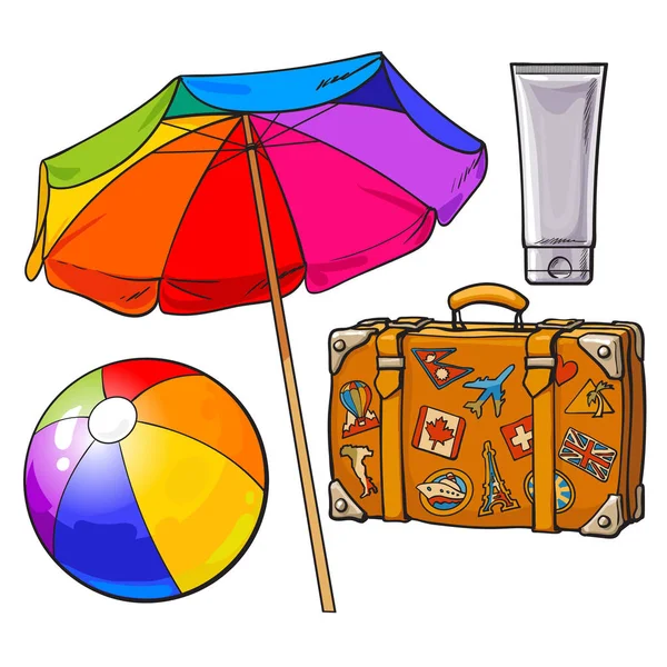 Летнее время отдых атрибуты - зонтик, чемодан, солнцезащитный крем и мяч — стоковый вектор