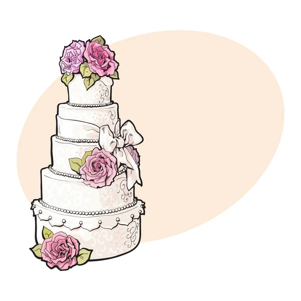 Traditional white tiered wedding cake decorated with pink marzipan roses — Stock Vector