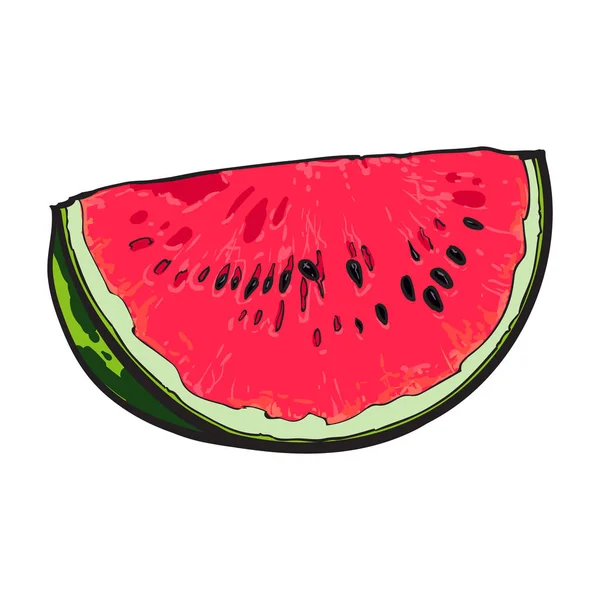 Viertelscheibe reife Wassermelone mit schwarzen Samen, Skizzenillustration — Stockvektor