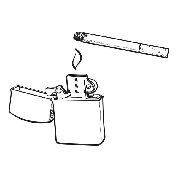 Серебряная металлическая зажигалка и жгучая сигарета, векторная иллюстрация — стоковый вектор