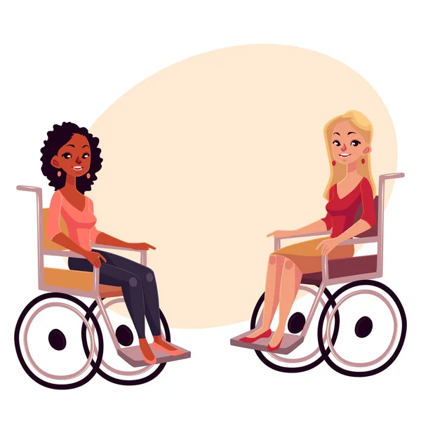 Mujeres jóvenes negras y caucásicas en sillas de ruedas, concepto de igualdad de oportunidades — Vector de stock